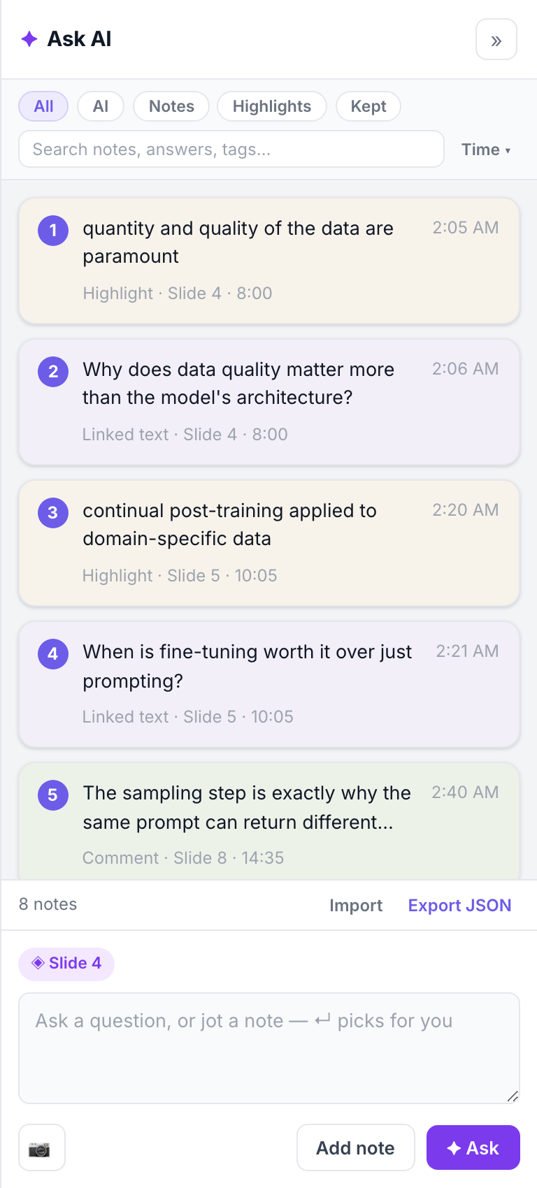 The Ask-AI panel: routed notes and answers from several slides, each pinned with its slide chip.