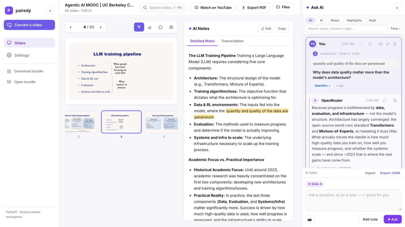 The PairedY workspace: the slide, its notes and transcript, two-color highlights, and the Ask-AI panel.